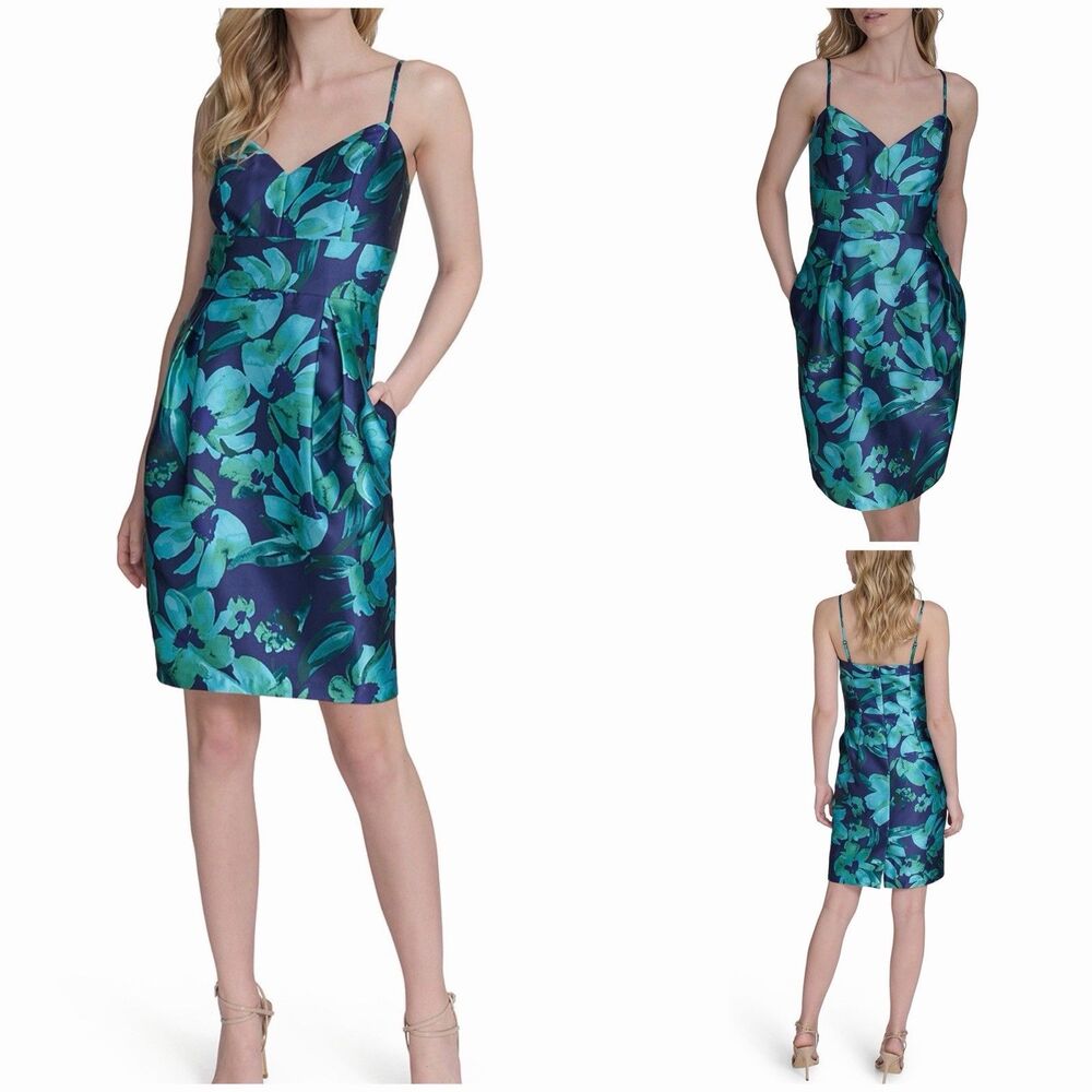 Eliza J Women's Jacquard Floral Green pockets Sleeveless Dress 14